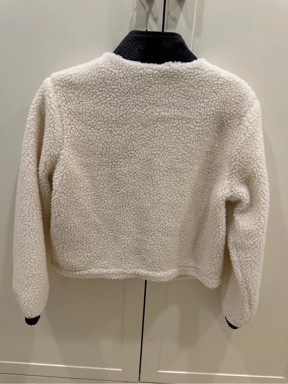 Juicy Couture Ivory Sherpa Bomber Jacket with Snakeskin Black Accents